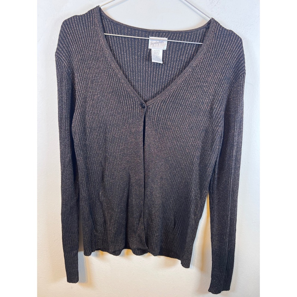 Jacqueline Ferrar Womens Cardigan Ribbed Metallic Brown Petite Small Chico